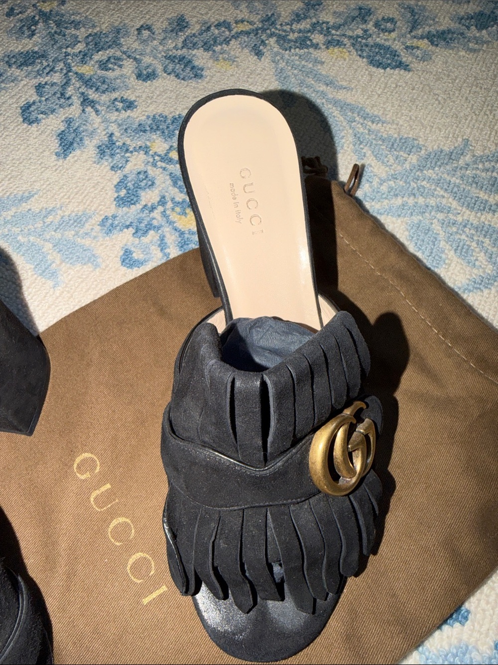 Gucci Black Suede GG Marmont Fringe Mules Block Heel Sandals 38 - Picture 4 of 10